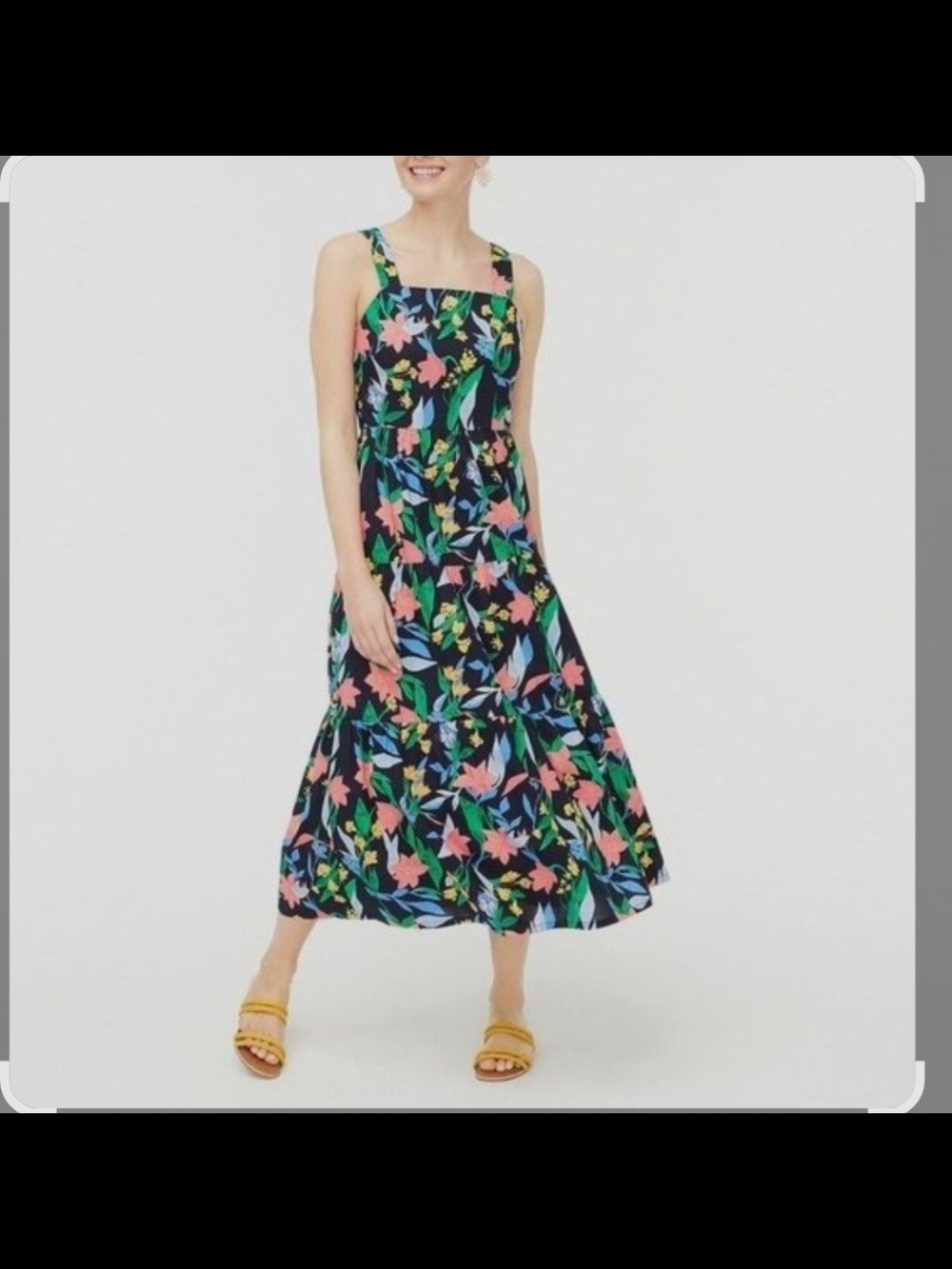 J. Crew Navy Floral Square-Neck Midi Dress